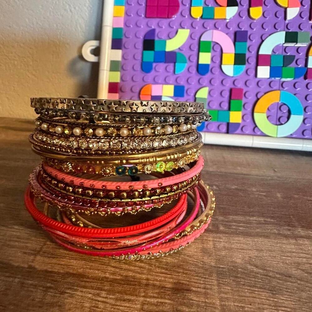 Multi colored bangle set with beads and rhinestones